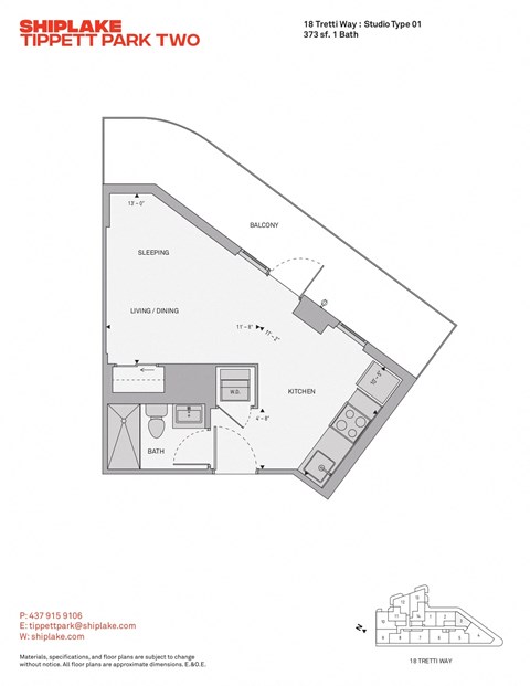 Floor plan for studio, 1 bath, 374 sqft